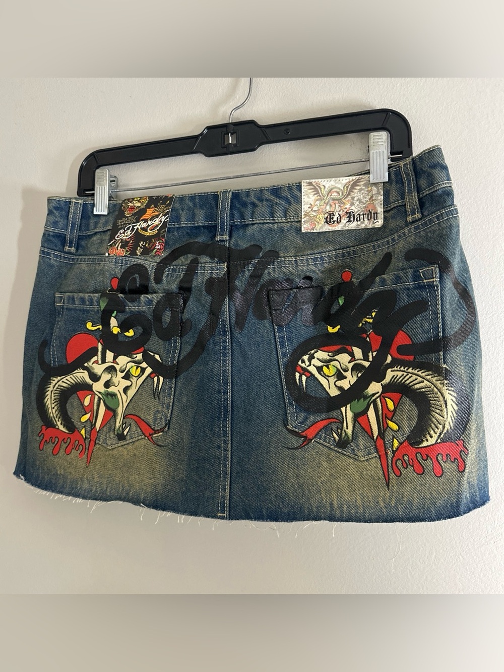 Ed Hardy Denim Mini Skirt with Snake & Skull Graphics - Blue, Red, Yellow, Green